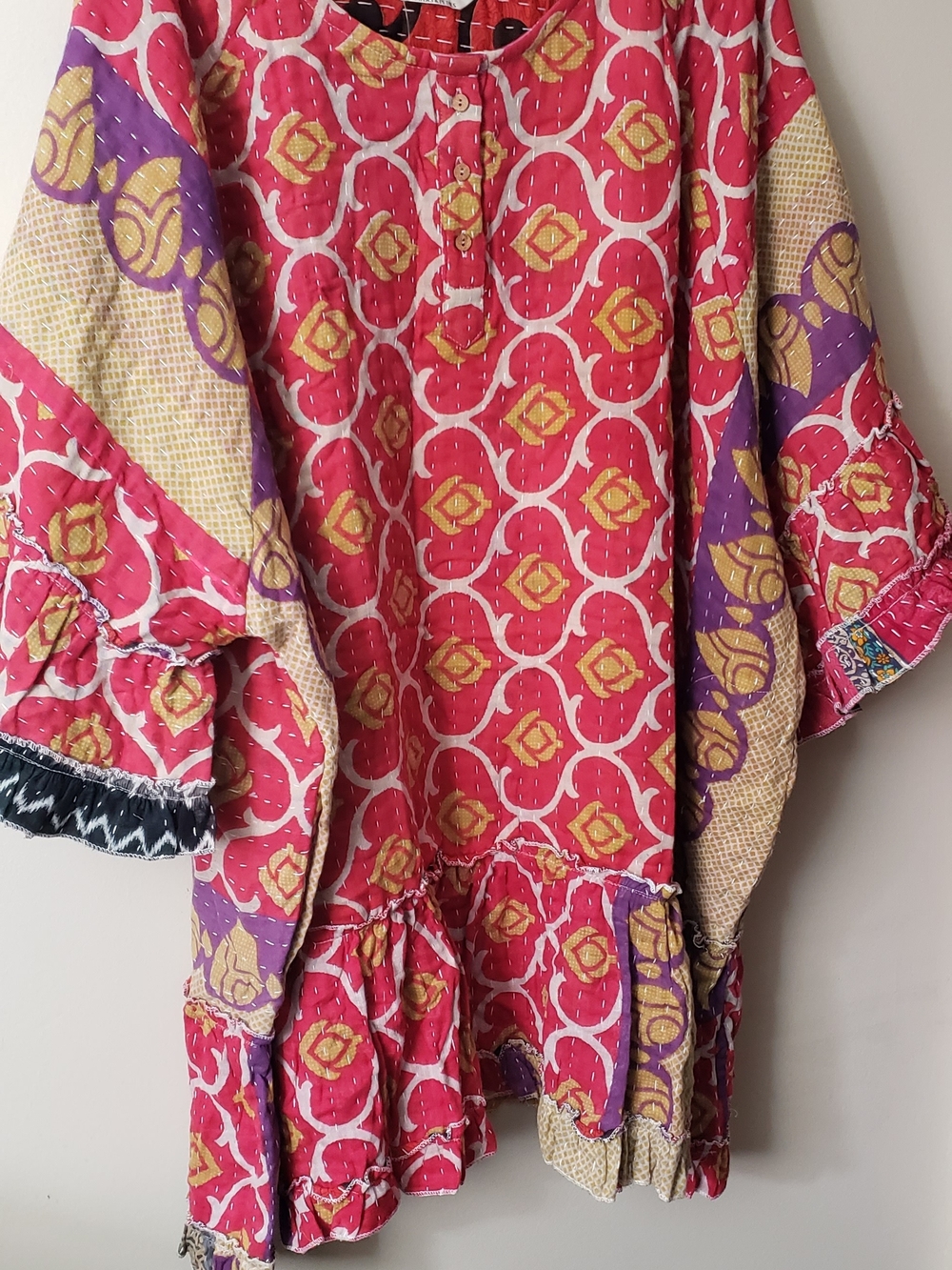 New Fun Bohemian Pink Patterned Long-Sleeve Kantha Dress/Tunic